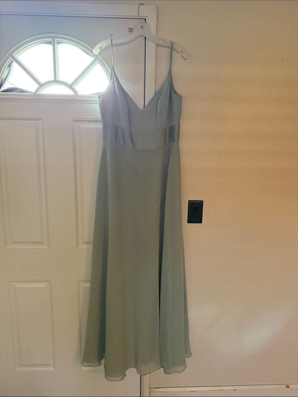 David's Bridal Sage Green Spaghetti Strap Maxi Dress